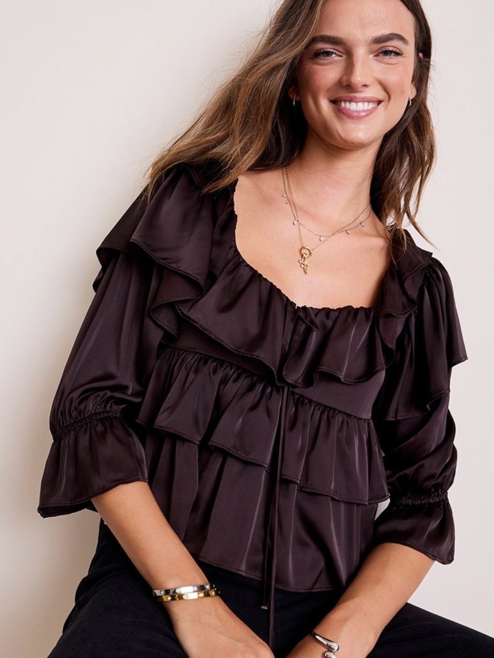 Francesca's Collections Chocolate Brown Ruffle Tie-Front Blouse